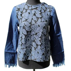 New English Factory Women Blue Jean Lace Long Sleeve Blouse Small
